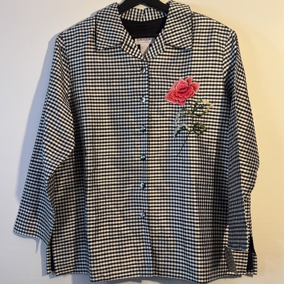 Tanjay petite large black/white gingham rose embroidery - Picture 1 of 8